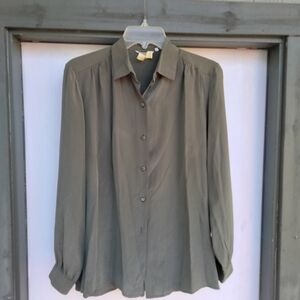 VTG Lorenzini Made In Italy Long Sleeve Button Down Green Silk Shirt Women's M/L